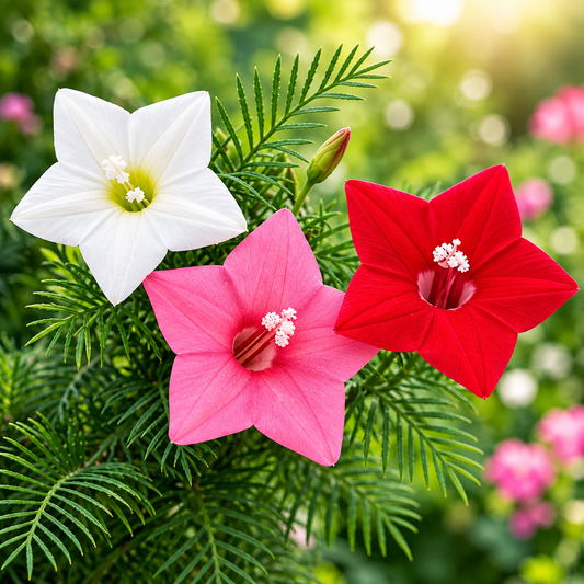 Cypress Vine Mix Ipomoea quamoclit with red pink and white star-shaped flowers and fine fern-like foliage climbing on trellis – summer vine seeds in Pakistan