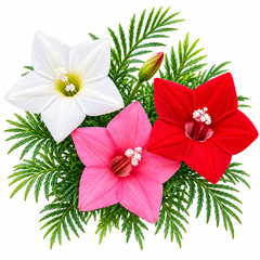 Cypress Vine Mix Ipomoea quamoclit with red pink and white star-shaped flowers and fine fern-like foliage climbing on trellis – summer vine seeds in Pakistan