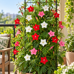 Cypress Vine Mix Ipomoea quamoclit with red pink and white star-shaped flowers and fine fern-like foliage climbing on trellis – summer vine seeds in Pakistan