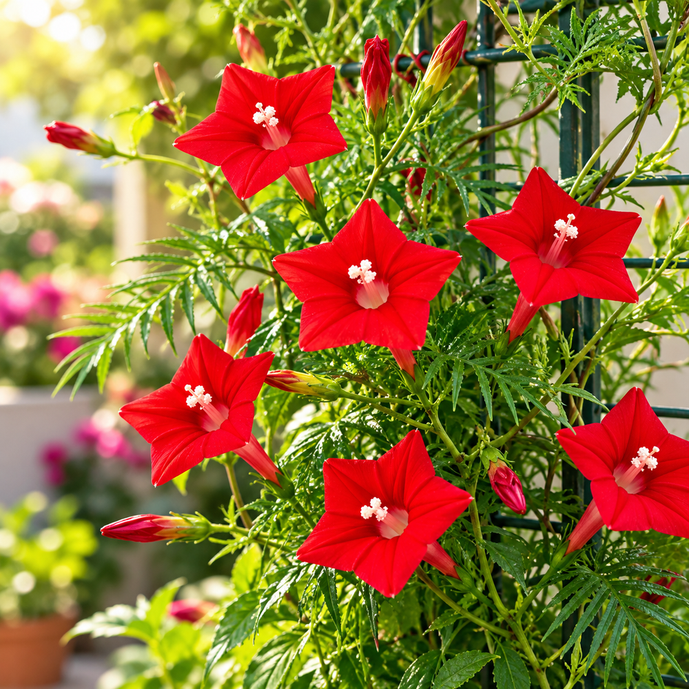 Red Cypress Vine Ipomoea quamoclit with brilliant scarlet-red star-shaped flowers and fine fern-like foliage climbing on trellis – summer vine seeds in Pakistan