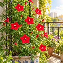 Red Cypress Vine Ipomoea quamoclit with brilliant scarlet-red star-shaped flowers and fine fern-like foliage climbing on trellis – summer vine seeds in Pakistan