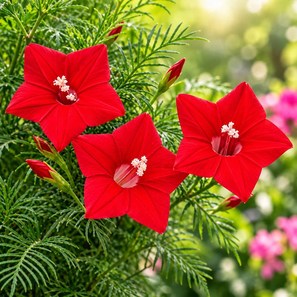 Red Cypress Vine Ipomoea quamoclit with brilliant scarlet-red star-shaped flowers and fine fern-like foliage climbing on trellis – summer vine seeds in Pakistan