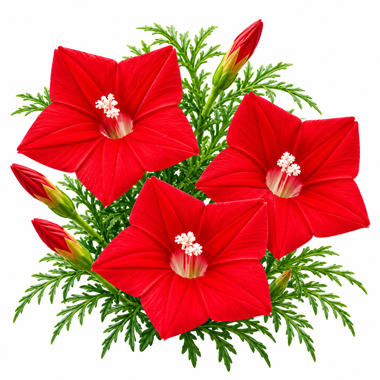 Red Cypress Vine Ipomoea quamoclit with brilliant scarlet-red star-shaped flowers and fine fern-like foliage climbing on trellis – summer vine seeds in Pakistan