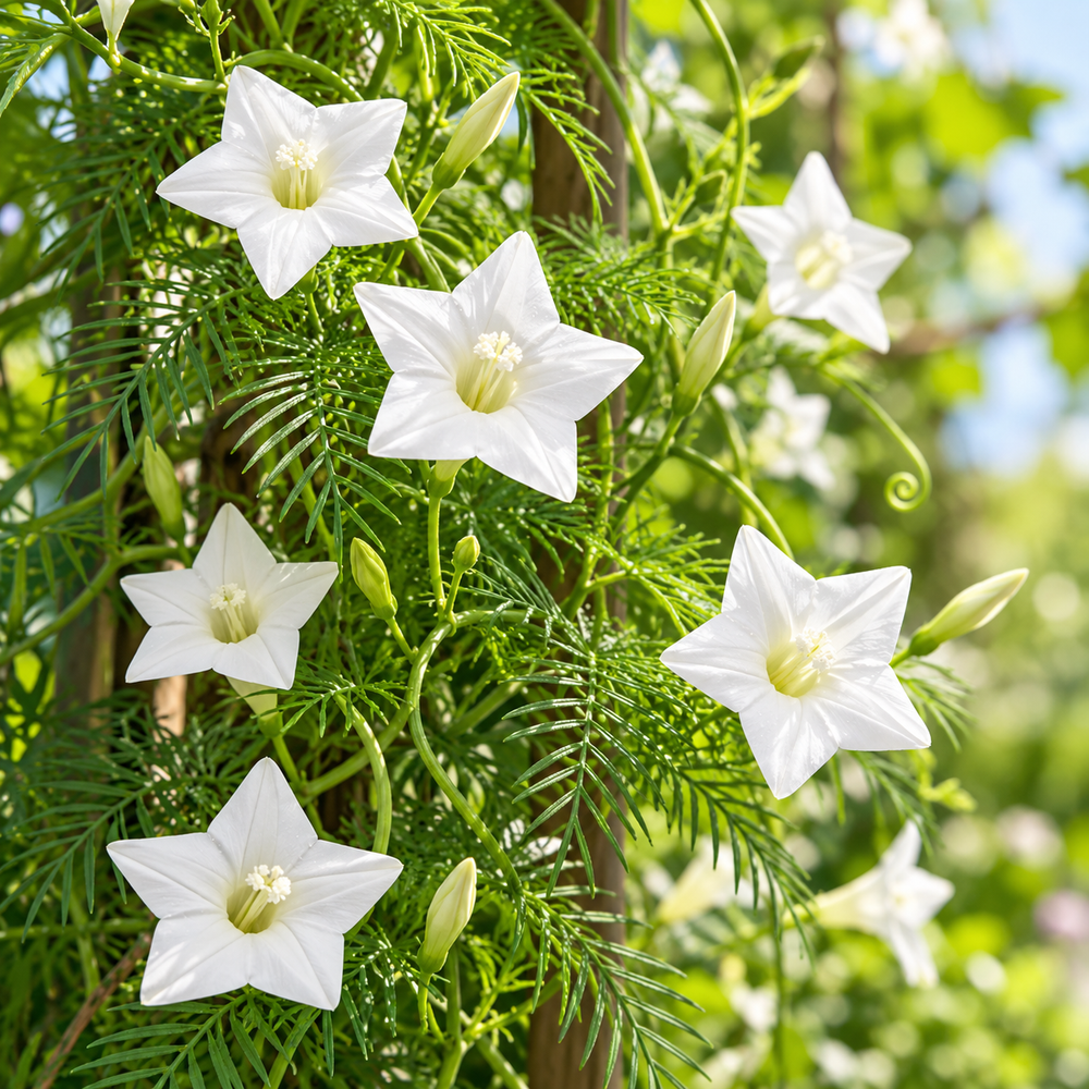 White Cypress Vine Ipomoea quamoclit with delicate white star-shaped flowers and fine fern-like foliage climbing on trellis – summer vine seeds in Pakistan