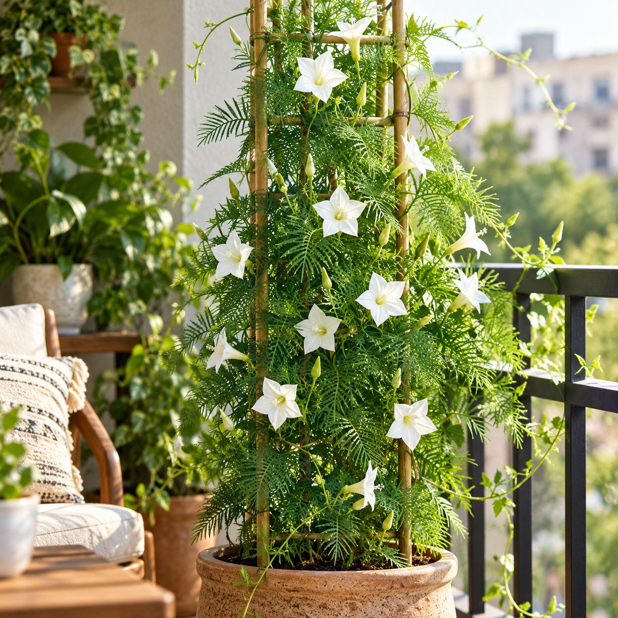White Cypress Vine Ipomoea quamoclit with delicate white star-shaped flowers and fine fern-like foliage climbing on trellis – summer vine seeds in Pakistan