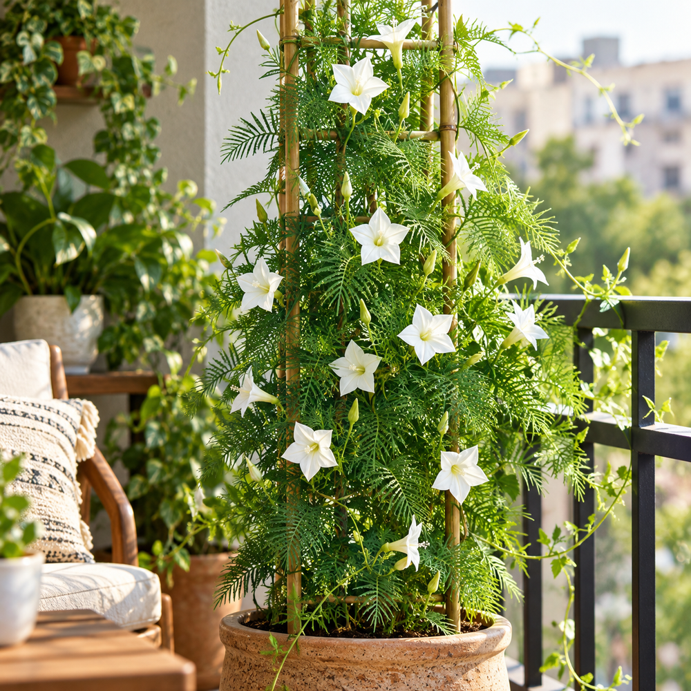 White Cypress Vine Ipomoea quamoclit with delicate white star-shaped flowers and fine fern-like foliage climbing on trellis – summer vine seeds in Pakistan