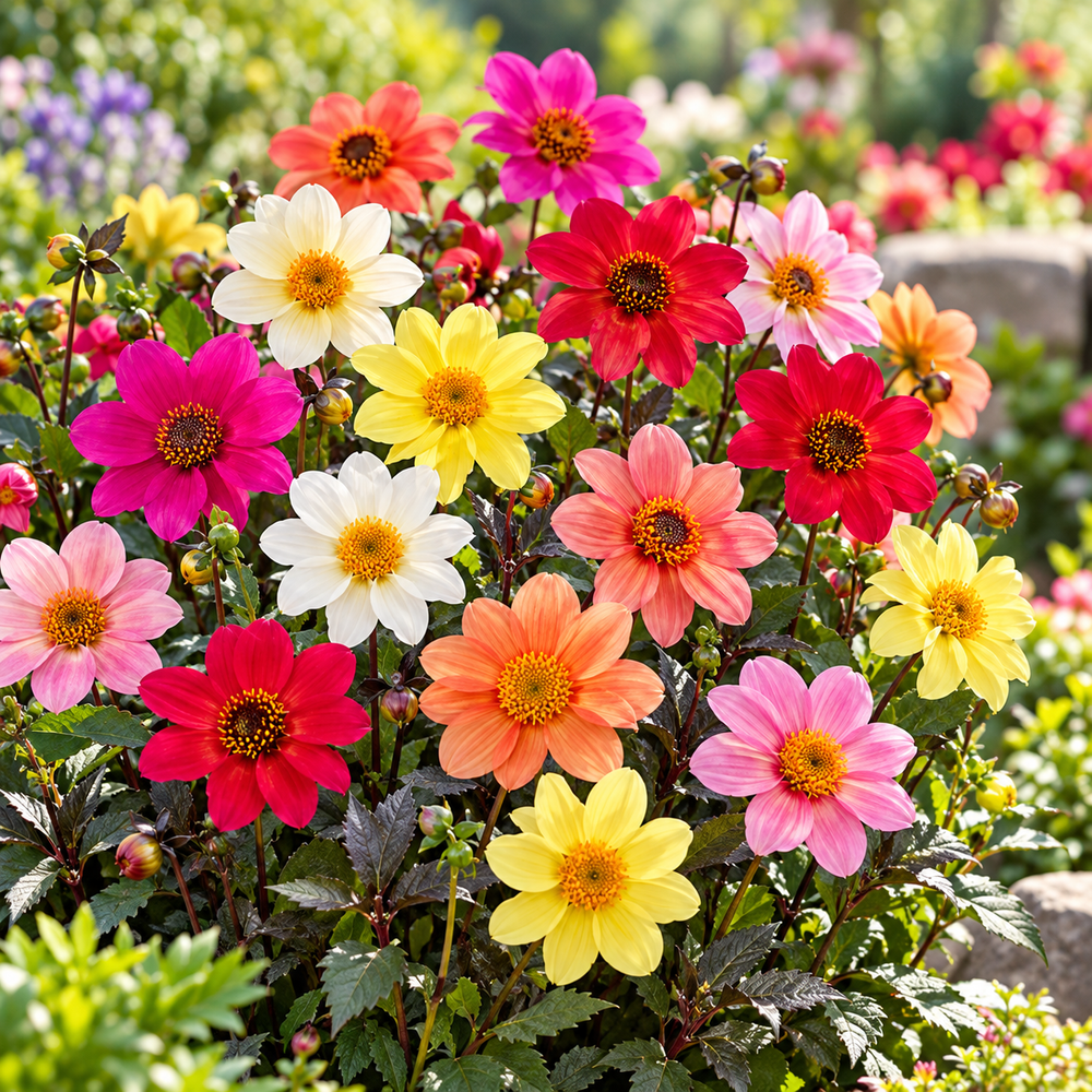 Dahlia Happy Single Mix with colourful single open flowers, contrasting centres and decorative foliage – winter flower seeds for pots beds borders and grow bags in Pakistan
