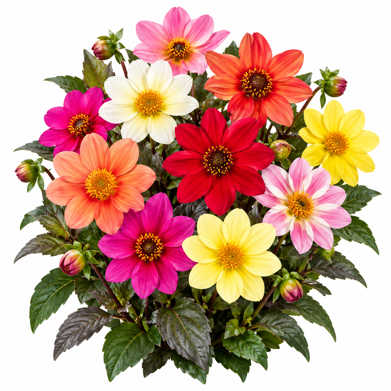 Dahlia Happy Single Mix with colourful single open flowers, contrasting centres and decorative foliage – winter flower seeds for pots beds borders and grow bags in Pakistan