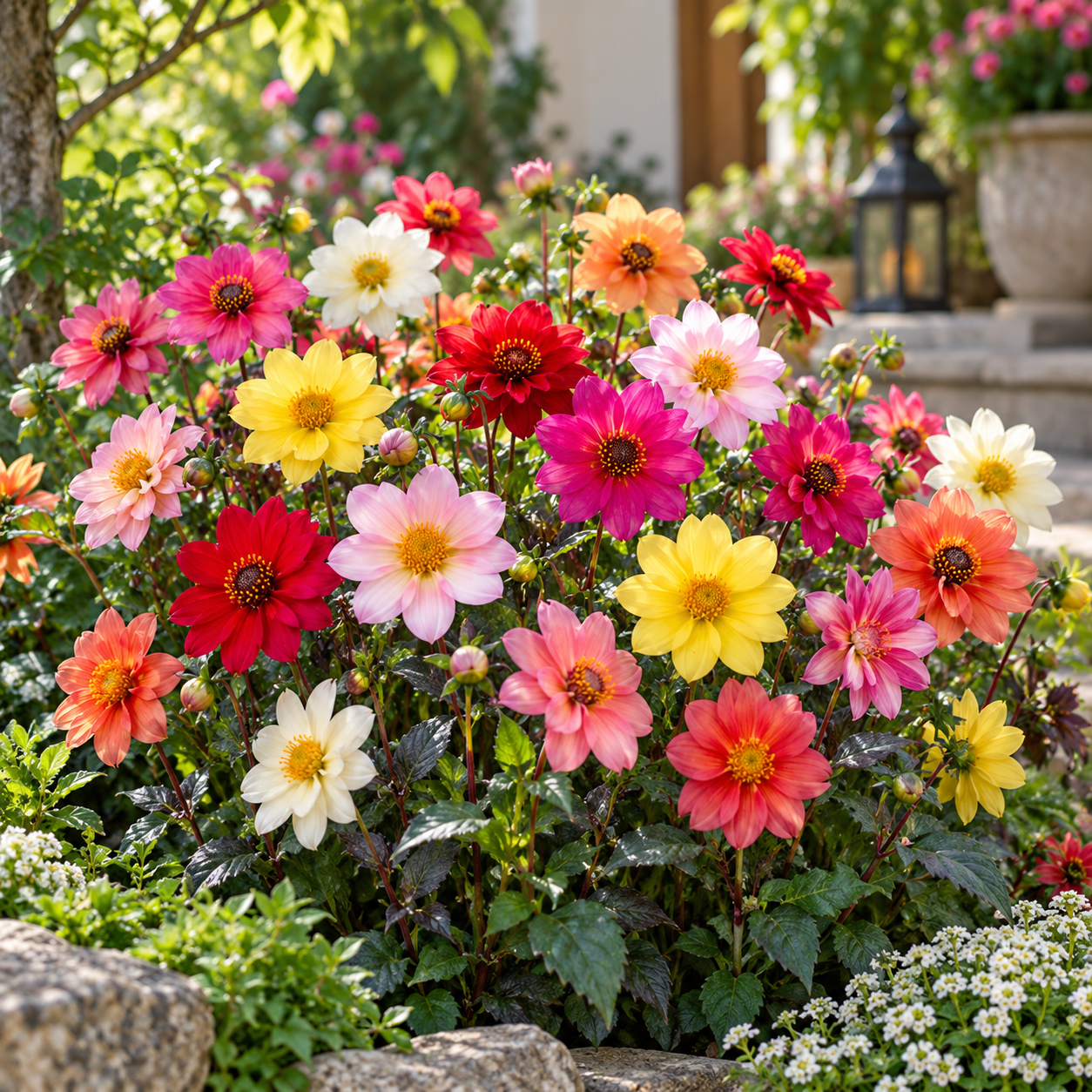 Dahlia Happy Single Mix with colourful single open flowers, contrasting centres and decorative foliage – winter flower seeds for pots beds borders and grow bags in Pakistan