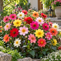 Dahlia Happy Single Mix with colourful single open flowers, contrasting centres and decorative foliage – winter flower seeds for pots beds borders and grow bags in Pakistan