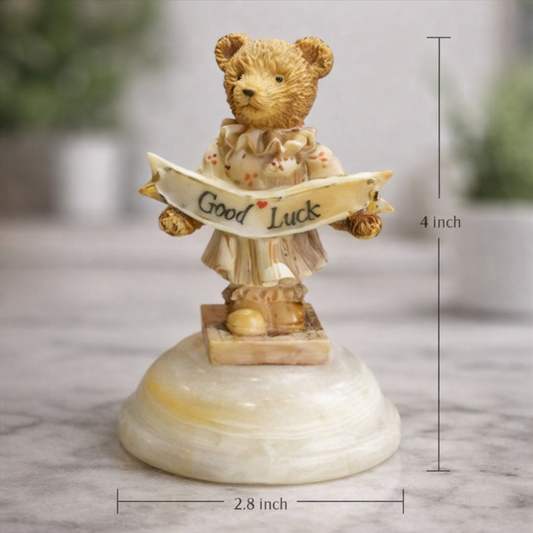 Good Luck Teddy Bear Showpiece with Marble Base | 4 Inch Resin Decor