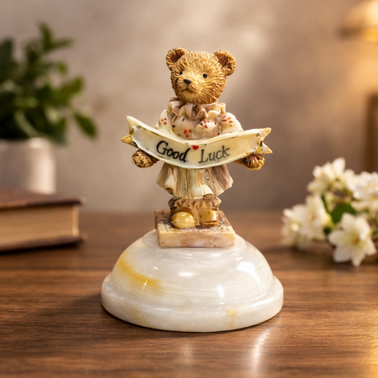 Good Luck Teddy Bear Showpiece with Marble Base | 4 Inch Resin Decor