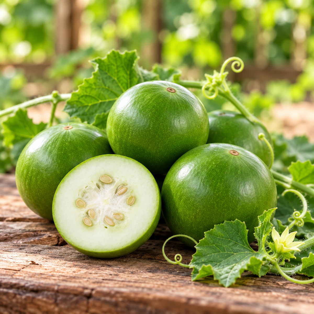 Desi Tinda Dark Green Apple Gourd with round deep-green tender fruits growing among healthy green leaves and spreading vines – summer vegetable seeds for kitchen gardens and grow bags Pakistan