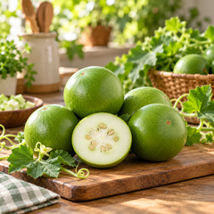 Desi Tinda Dark Green Apple Gourd with round deep-green tender fruits growing among healthy green leaves and spreading vines – summer vegetable seeds for kitchen gardens and grow bags Pakistan
