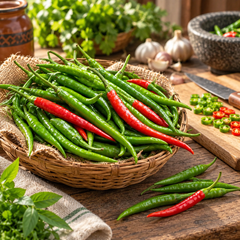 Desi Green Chilli with long slim fresh green fruits – chilli seeds for kitchen gardening in Pakistan