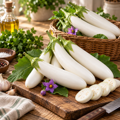 Long glossy white F1 Hybrid eggplants growing on a healthy upright plant – white brinjal seeds for home gardening in Pakistan