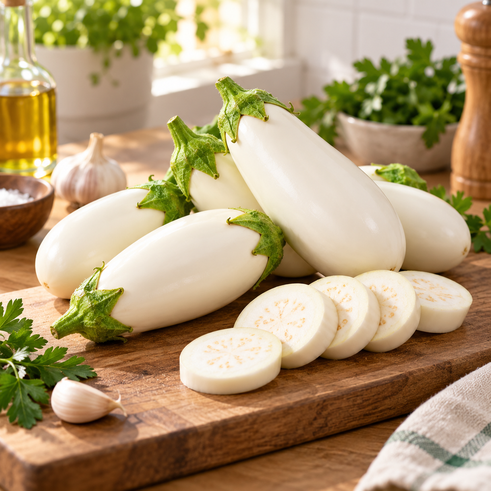 Creamy-white teardrop-shaped F1 Hybrid eggplants growing on a healthy plant – white brinjal seeds for summer and winter gardening in Pakistan