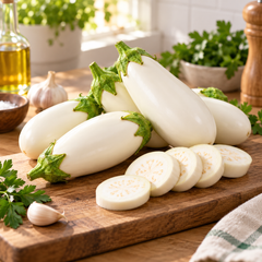 Creamy-white teardrop-shaped F1 Hybrid eggplants growing on a healthy plant – white brinjal seeds for summer and winter gardening in Pakistan