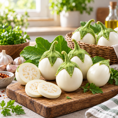 Round glossy white F1 Hybrid eggplants growing on a healthy upright plant – white brinjal seeds for summer and winter gardening in Pakistan
