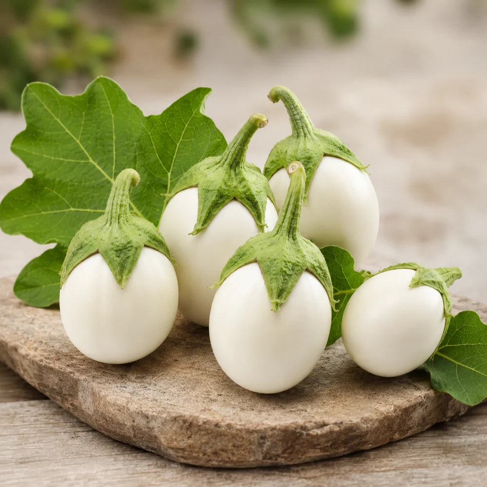 Round glossy white F1 Hybrid eggplants growing on a healthy upright plant – white brinjal seeds for summer and winter gardening in Pakistan
