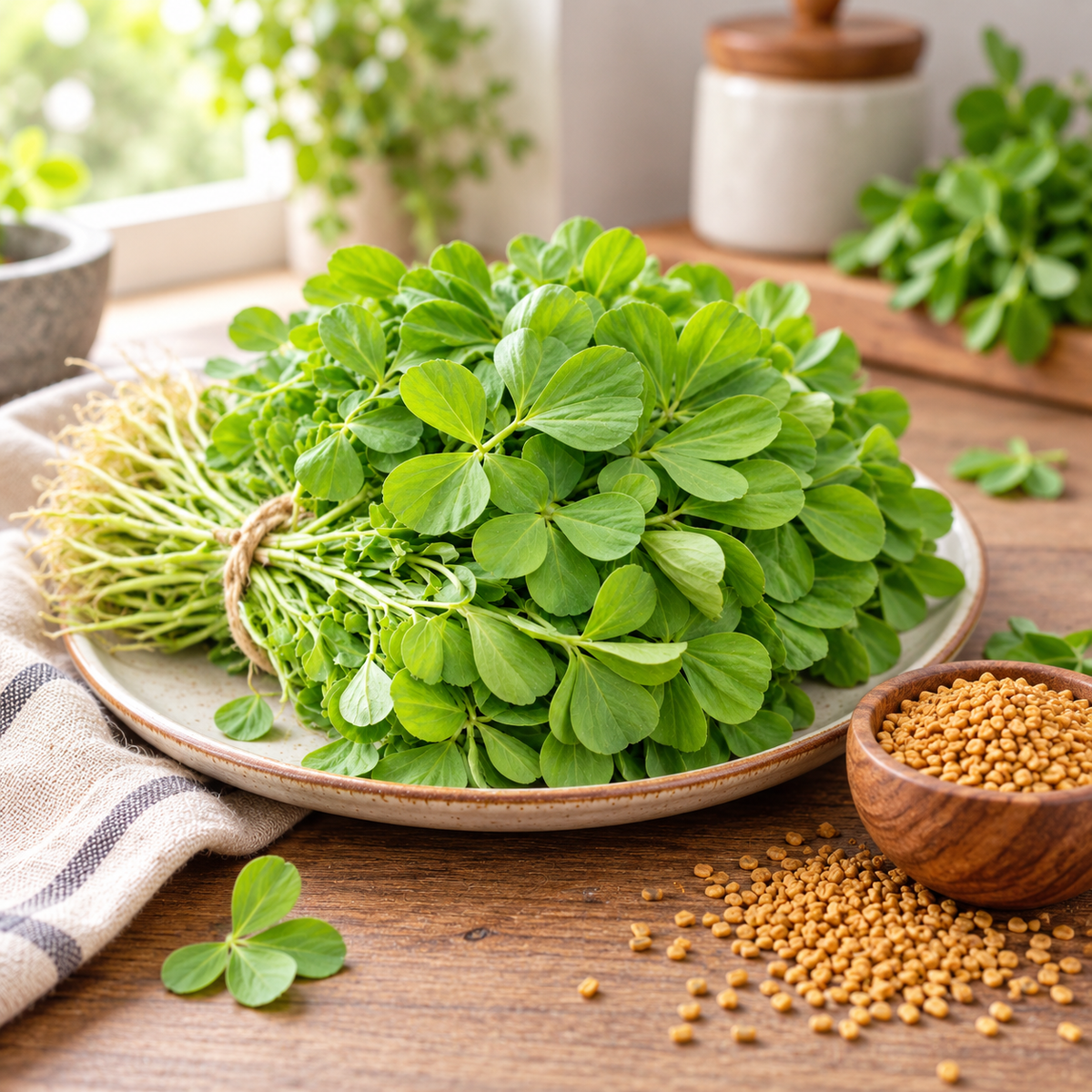 Healthy green Kasuri Methi fenugreek plants with aromatic leaves – winter herb seeds for home and kitchen gardening in Pakistan