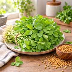 Healthy green Kasuri Methi fenugreek plants with aromatic leaves – winter herb seeds for home and kitchen gardening in Pakistan