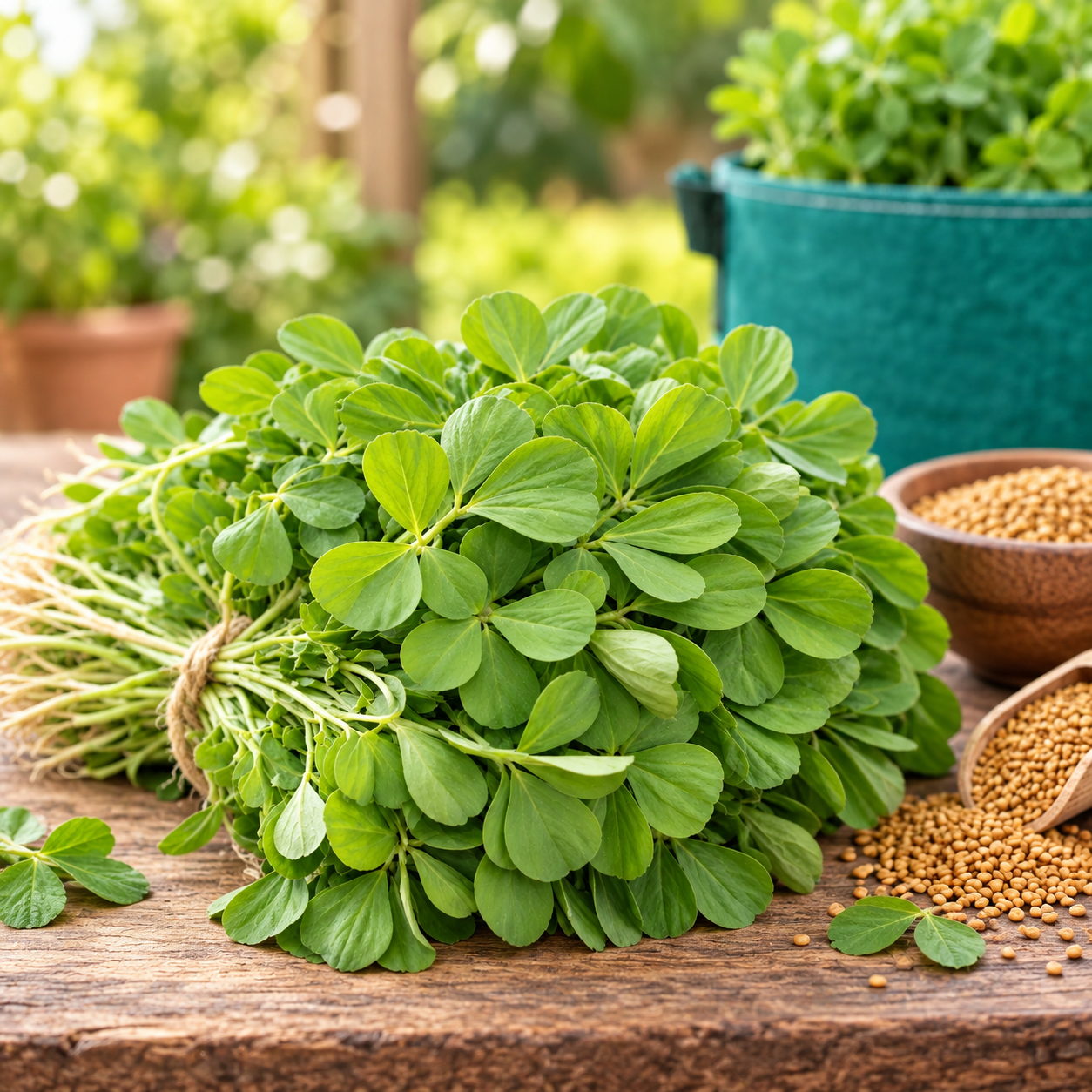 Healthy green Kasuri Methi fenugreek plants with aromatic leaves – winter herb seeds for home and kitchen gardening in Pakistan