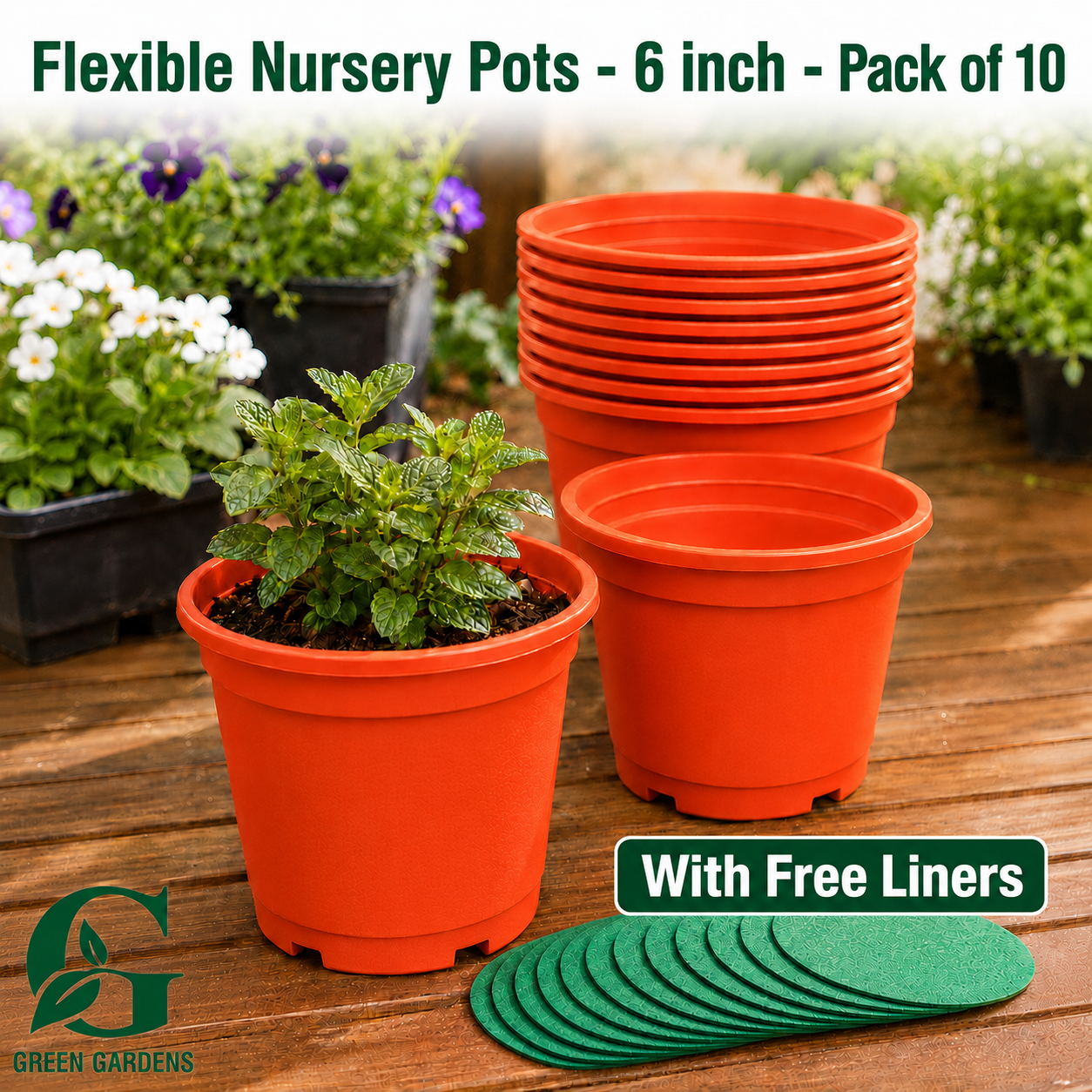 Flexible Plastic Nursery Pots, 6 inch - (PACK OF 10) {Terracotta Colour} With FREE LINERS
