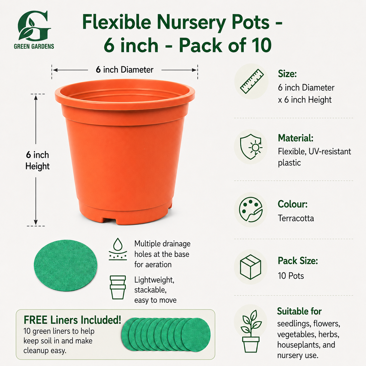 Flexible Plastic Nursery Pots, 6 inch - (PACK OF 10) {Terracotta Colour} With FREE LINERS