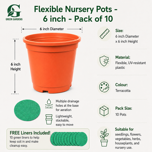 Flexible Plastic Nursery Pots, 6 inch - (PACK OF 10) {Terracotta Colour} With FREE LINERS
