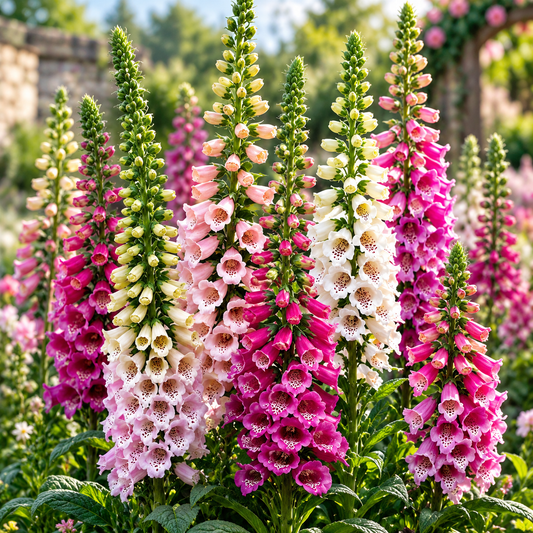 Foxglove Digitalis Mix with tall colourful pink purple and white bell-shaped flower spikes – winter flower seeds for beds pots and grow bags in Pakistan