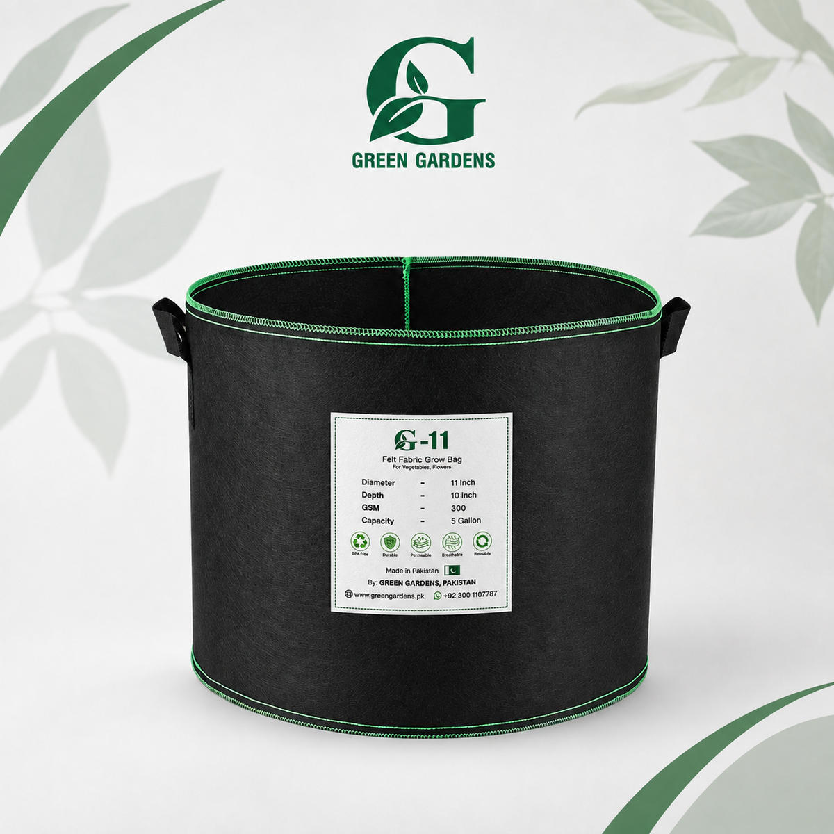 Black G-11 round felt fabric grow bag, 11-inch diameter and 10-inch depth, with 2 handles