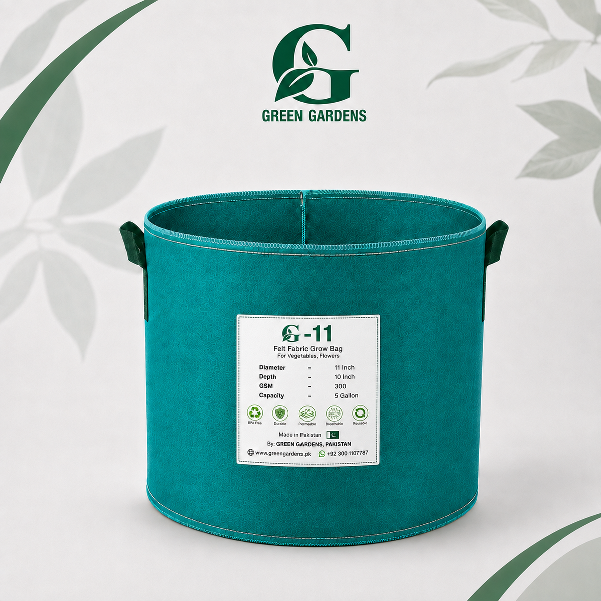 Green G-11 round felt fabric grow bag, 11-inch diameter and 10-inch depth, with 2 handles