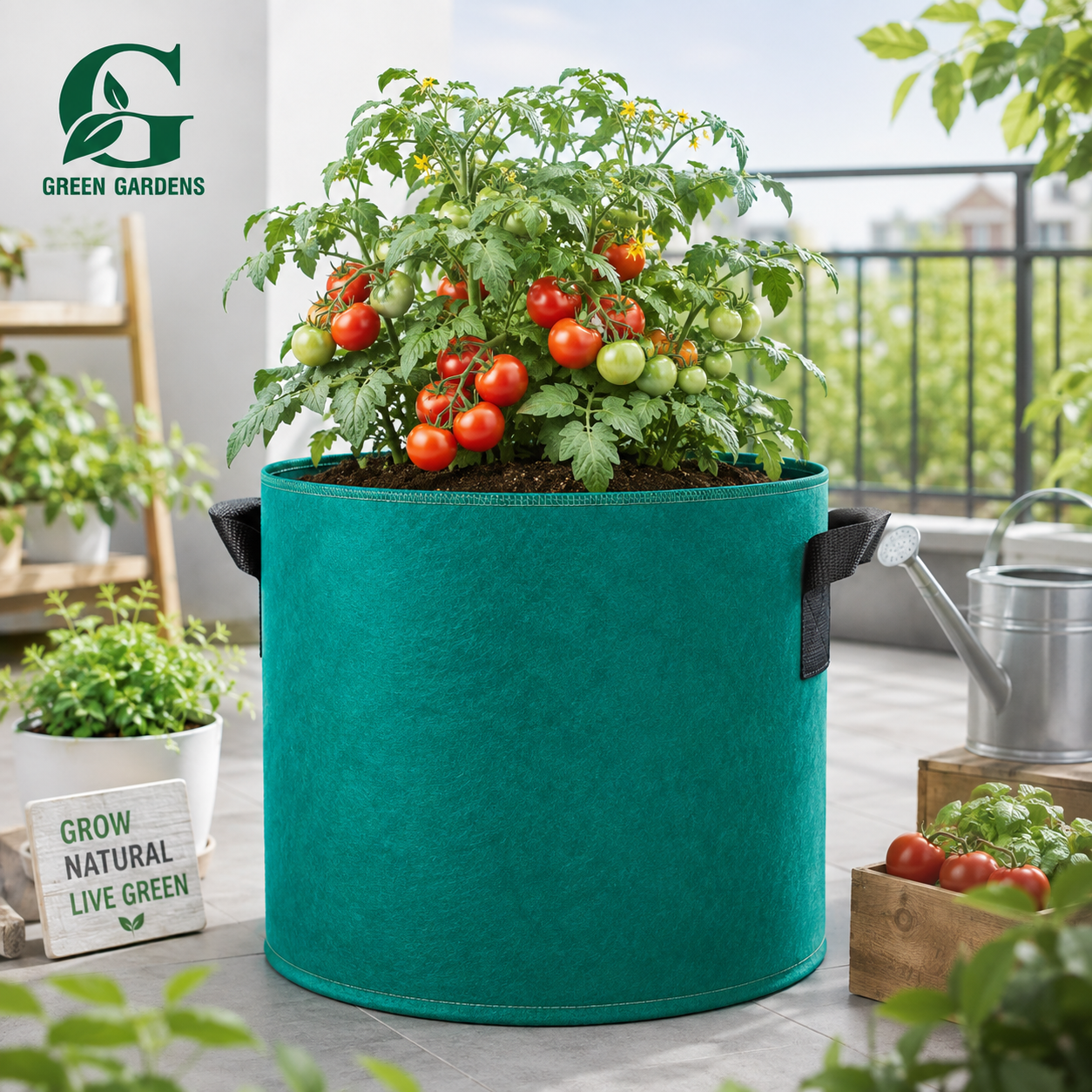 Green G-12 grow bag showing 2 handles, felt texture and 12×12-inch size