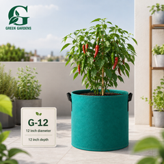Green 6-gallon felt grow bag planted with vegetables, herbs or flowers