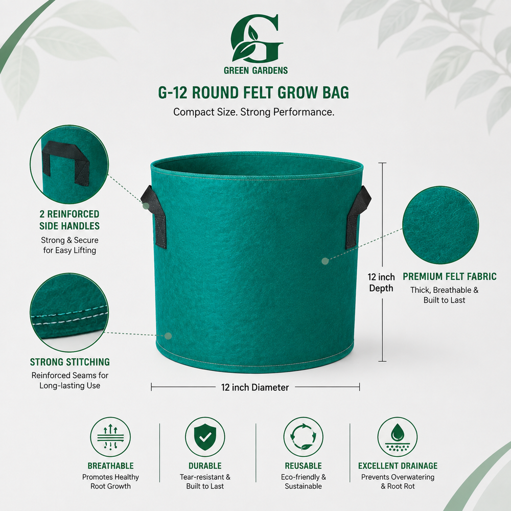 Green G-12 grow bag showing 2 handles, felt texture and 12×12-inch size