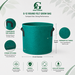 Green G-12 grow bag showing 2 handles, felt texture and 12×12-inch size