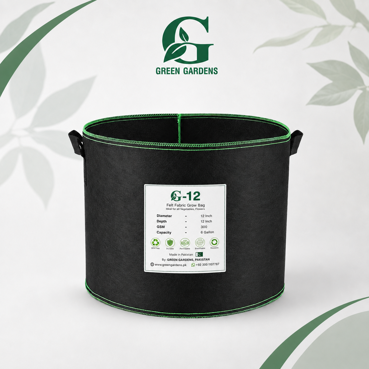Black G-12 round felt fabric grow bag, 12-inch diameter and 12-inch depth, with 2 handles
