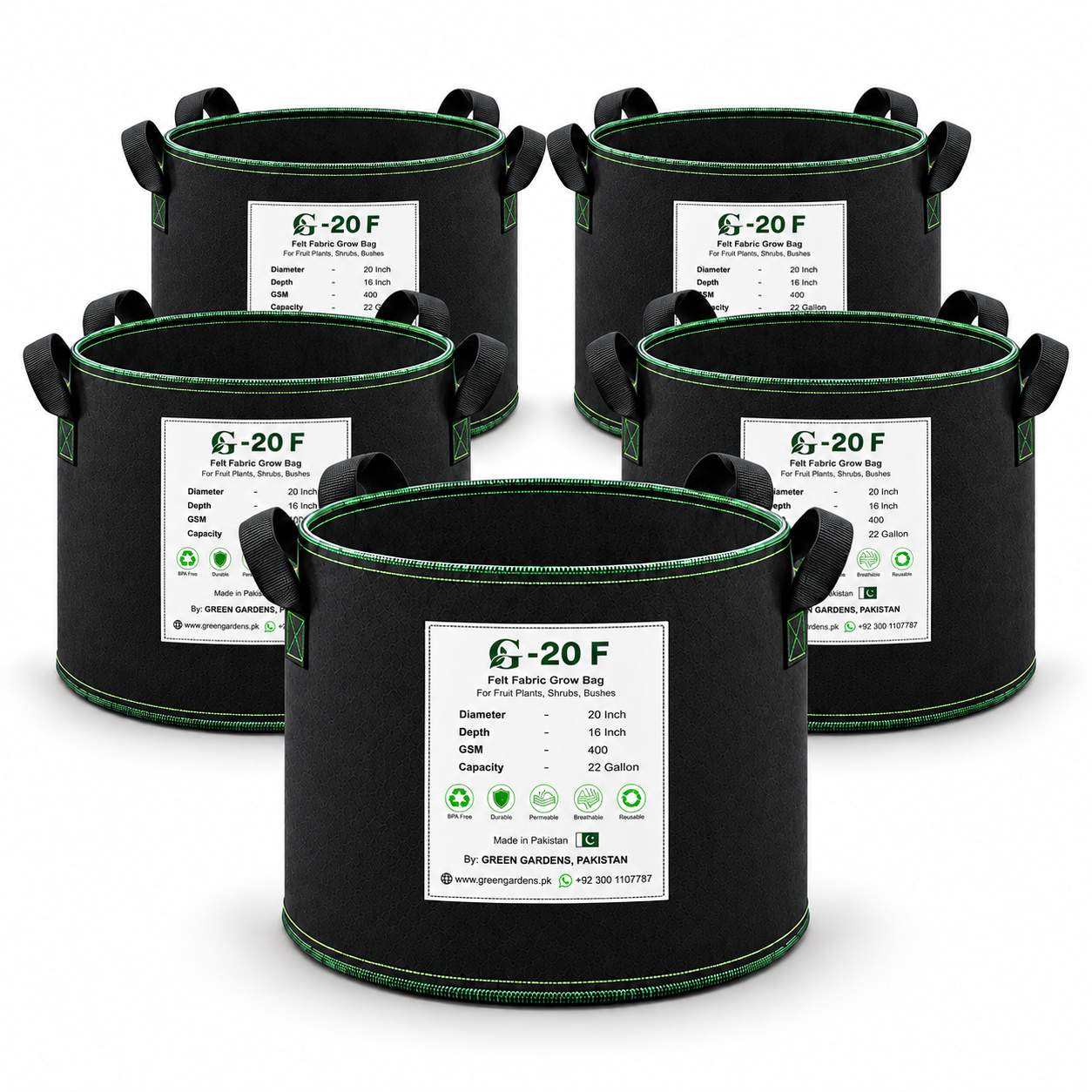GREEN GARDENS G-20 F Black Pack of 5 grow bags on pure white background
