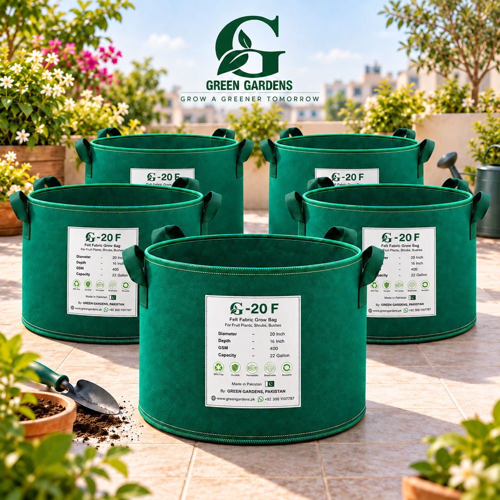 GREEN GARDENS G-20 F Green grow bags pack of 5 hero image, 20x16 inch, 400 GSM, 22 gallon, 4 dark green handles