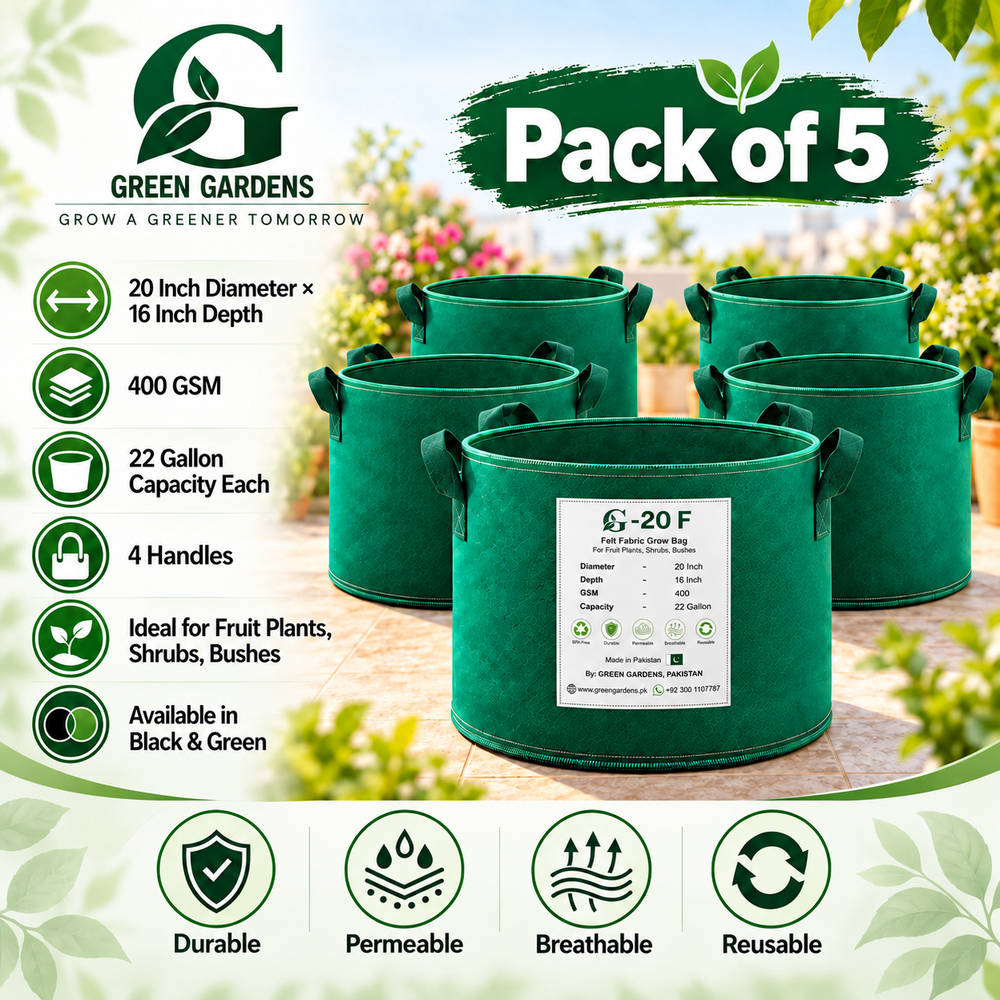 GREEN GARDENS G-20 F Green pack of 5 infographic, 20 inch diameter, 16 inch depth, 400 GSM, 22 gallon capacity, 4 handles