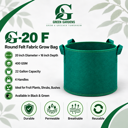 G-20 F Green 400 GSM felt fabric grow bag with 22-gallon capacity