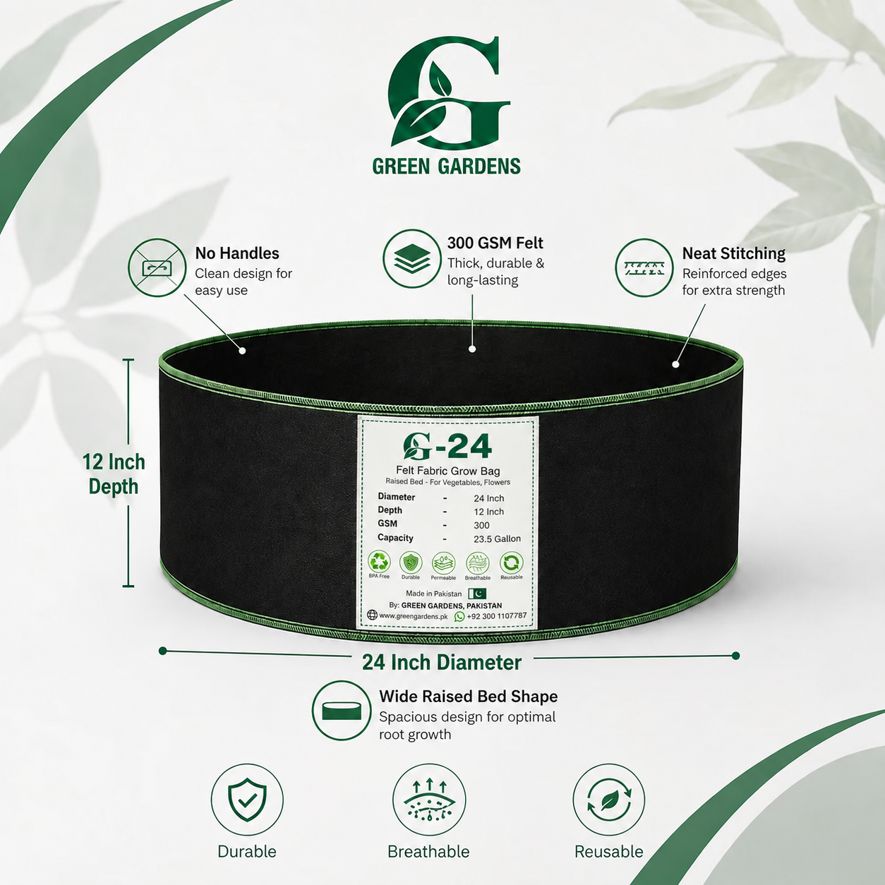 G-24 Black 24×12 inch felt fabric grow bag with GREEN GARDENS tag and feature infographic