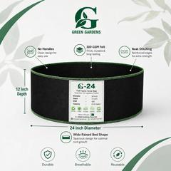 G-24 Black 24×12 inch felt fabric grow bag with GREEN GARDENS tag and feature infographic