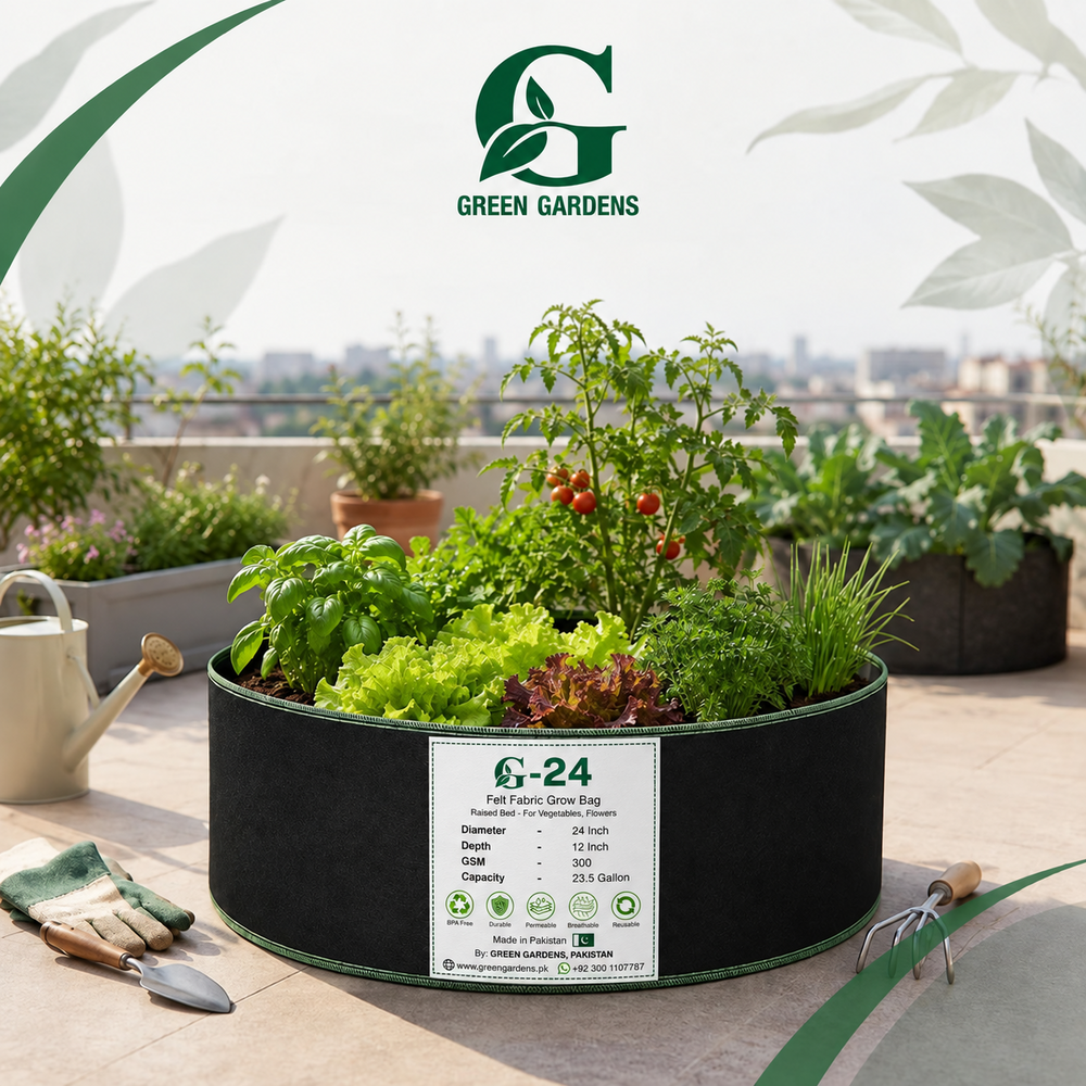 G-24 Black grow bag with GREEN GARDENS tag planted with vegetables and herbs