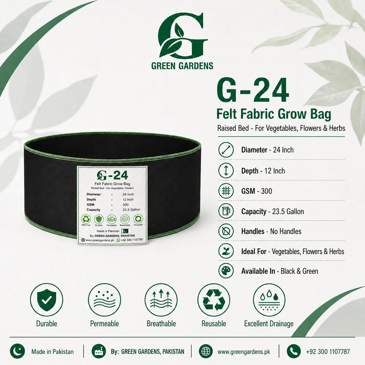 G-24 Black felt fabric grow bag with GREEN GARDENS tag and product specifications