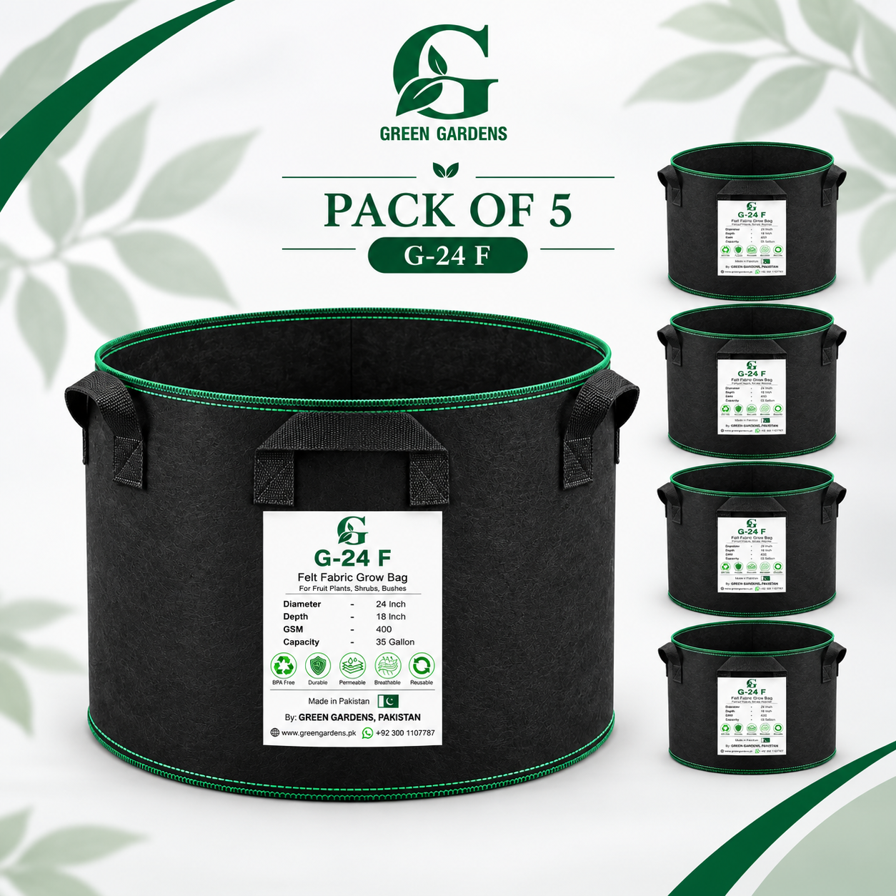 GREEN GARDENS G-24 F Black Pack of 5 hero image, 24x18 inch, 400 GSM felt grow bags, 35 gallon each