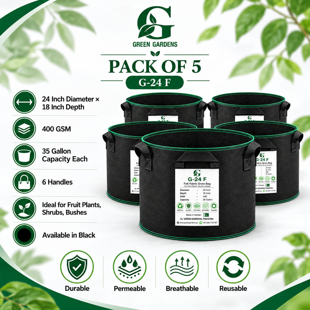 GREEN GARDENS G-24 F Black Pack of 5 infographic, 24 inch diameter, 18 inch depth, 400 GSM, 35 gallon capacity, 6 handles