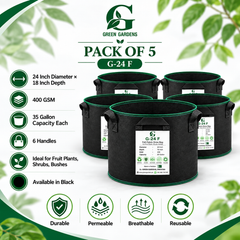 GREEN GARDENS G-24 F Black Pack of 5 infographic, 24 inch diameter, 18 inch depth, 400 GSM, 35 gallon capacity, 6 handles