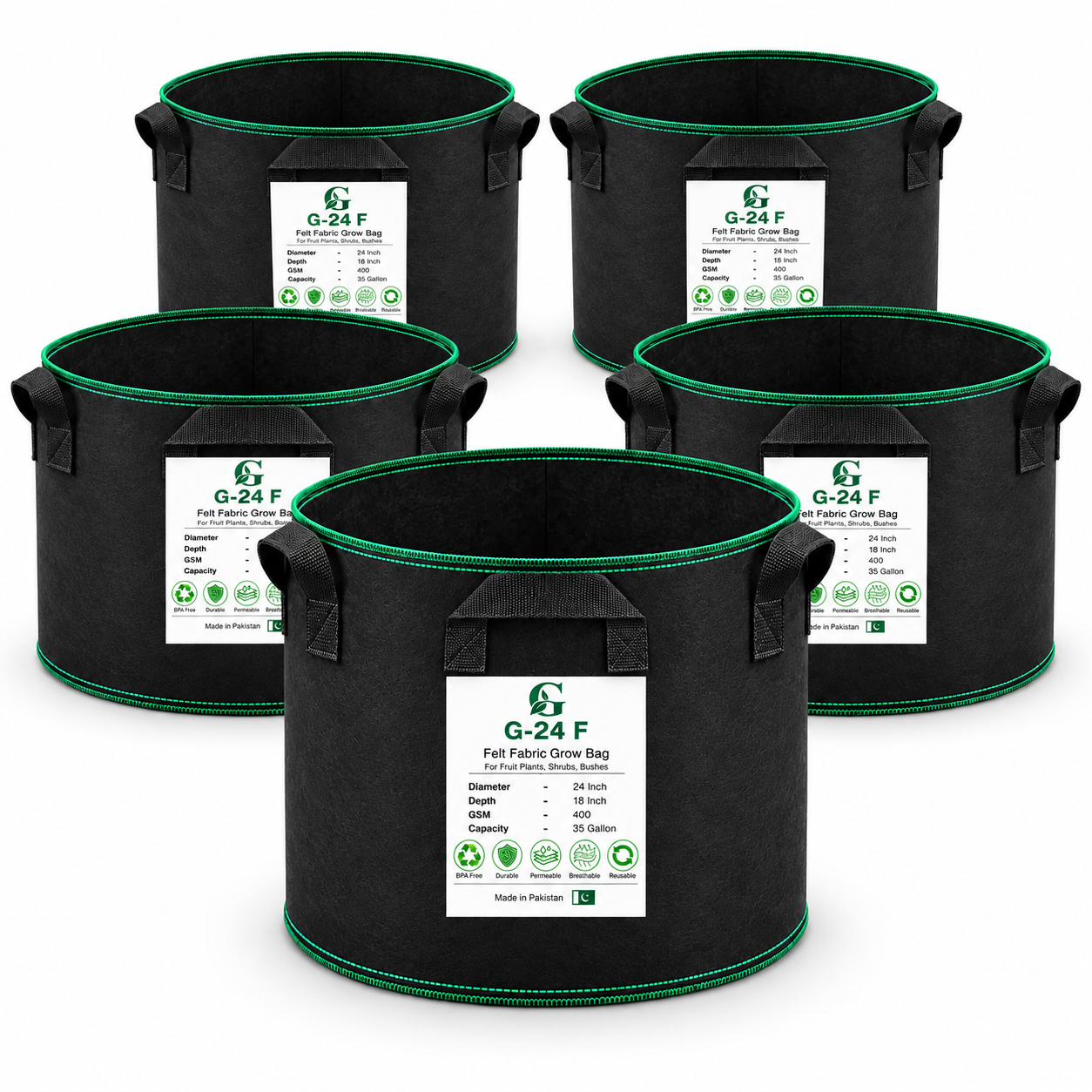 GREEN GARDENS G-24 F Black Pack of 5 grow bags on pure white background